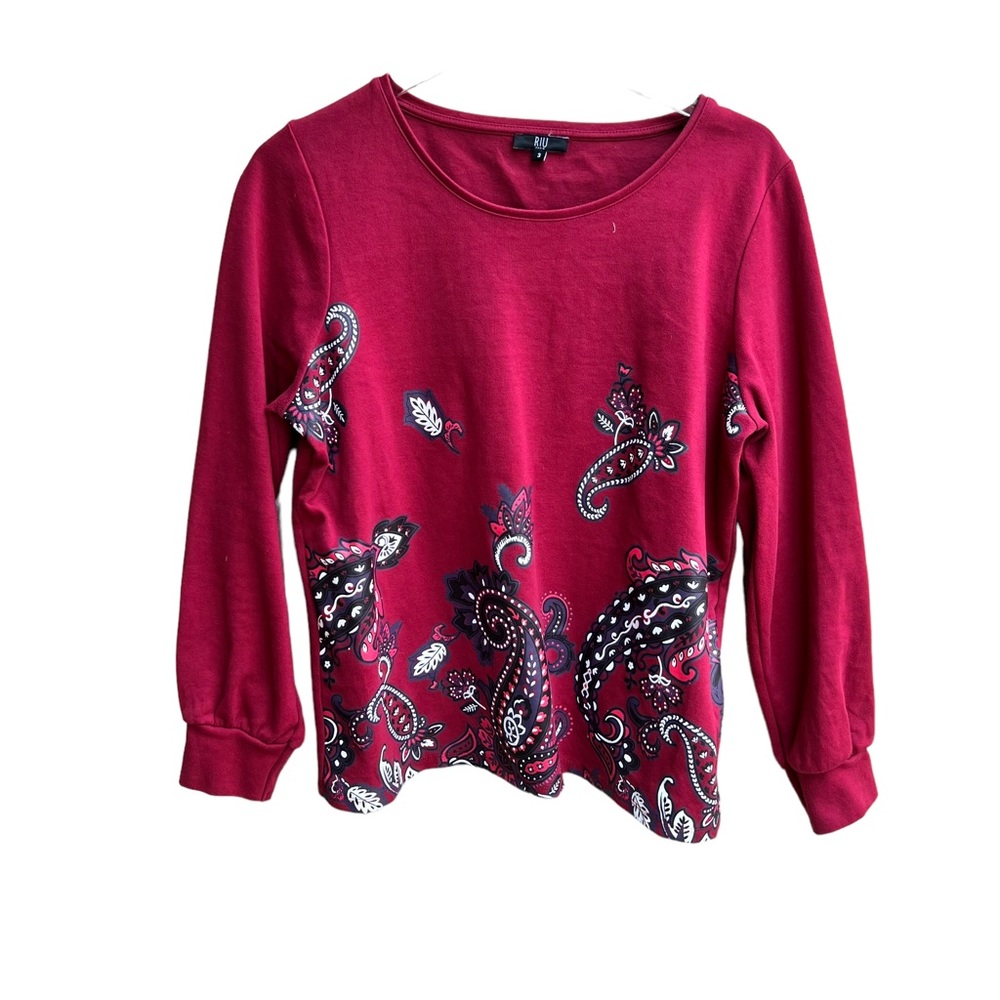 RIU Paris Red Paisley Crewneck Pullover Sweatshirt Top Medium